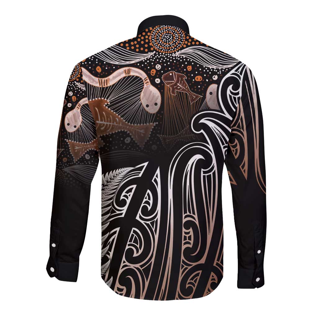 Aotearoa Maori - Australia Indigenous Long Sleeve Button Shirt Koiri Whakairo Mix Aboriginal Art - Polynesian Pride