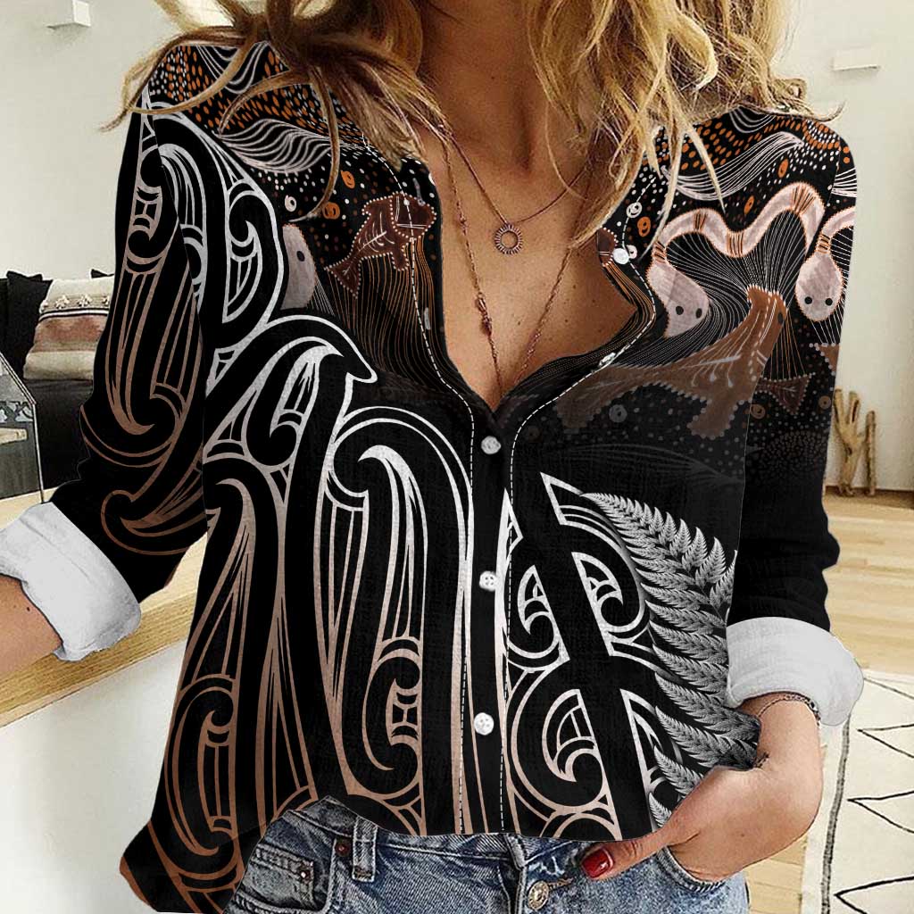 Aotearoa Maori - Australia Indigenous Women Casual Shirt Koiri Whakairo Mix Aboriginal Art - Polynesian Pride