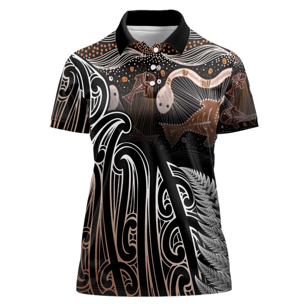 Aotearoa Maori - Australia Indigenous Women Polo Shirt Koiri Whakairo Mix Aboriginal Art - Polynesian Pride