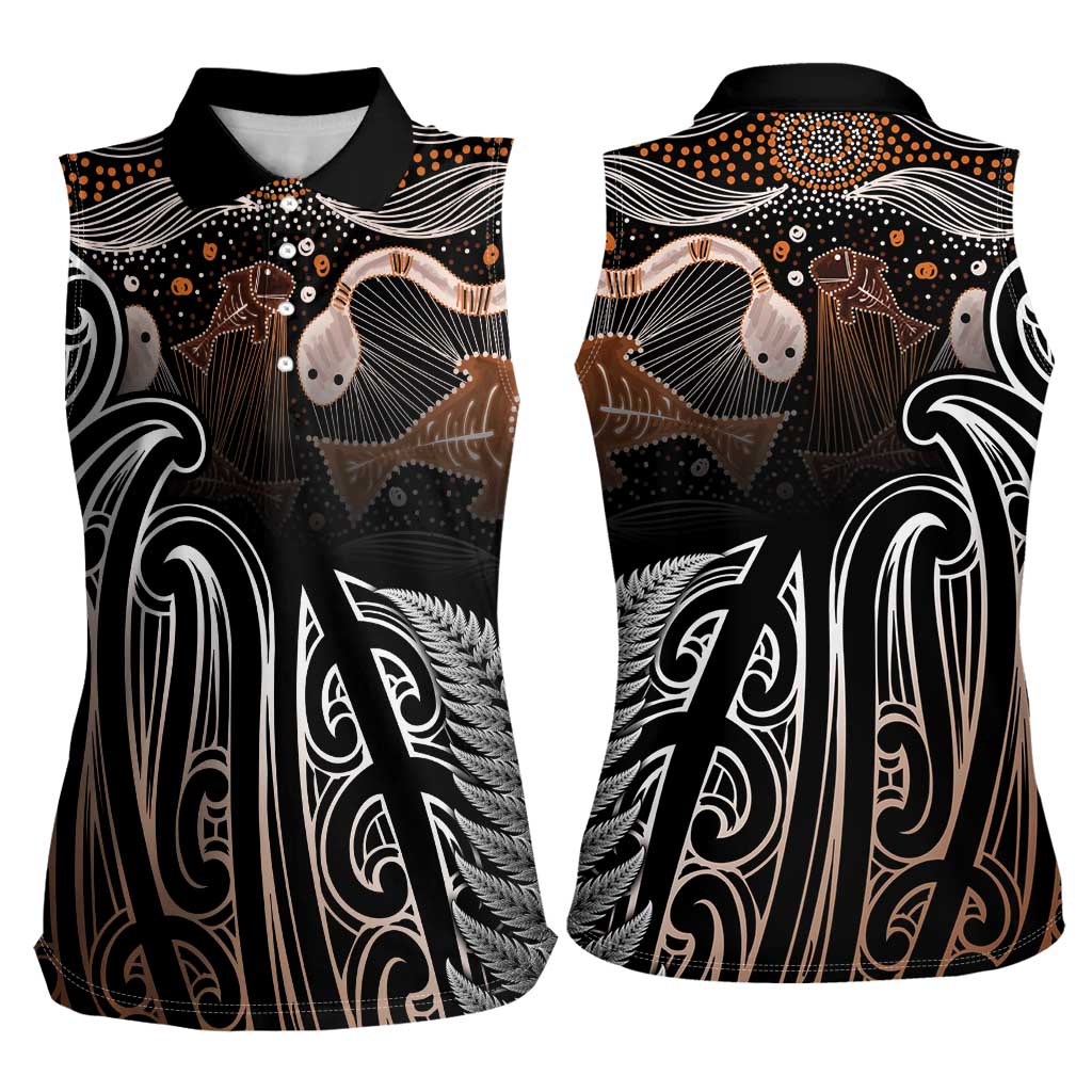 Aotearoa Maori - Australia Indigenous Women Sleeveless Polo Shirt Koiri Whakairo Mix Aboriginal Art - Polynesian Pride