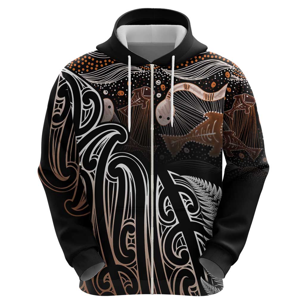 Aotearoa Maori - Australia Indigenous Zip Hoodie Koiri Whakairo Mix Aboriginal Art - Polynesian Pride