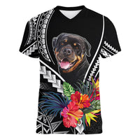 Personalised Polynesian Dog Women V Neck T Shirt Rottweiler With Polynesia Pattern Curve Style LT7 Female Black - Polynesian Pride