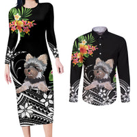 Personalised Polynesian Couples Matching Long Sleeve Bodycon Dress and Long Sleeve Button Shirts With Yorkshire Terrier Floral Style LT7 Black - Polynesian Pride
