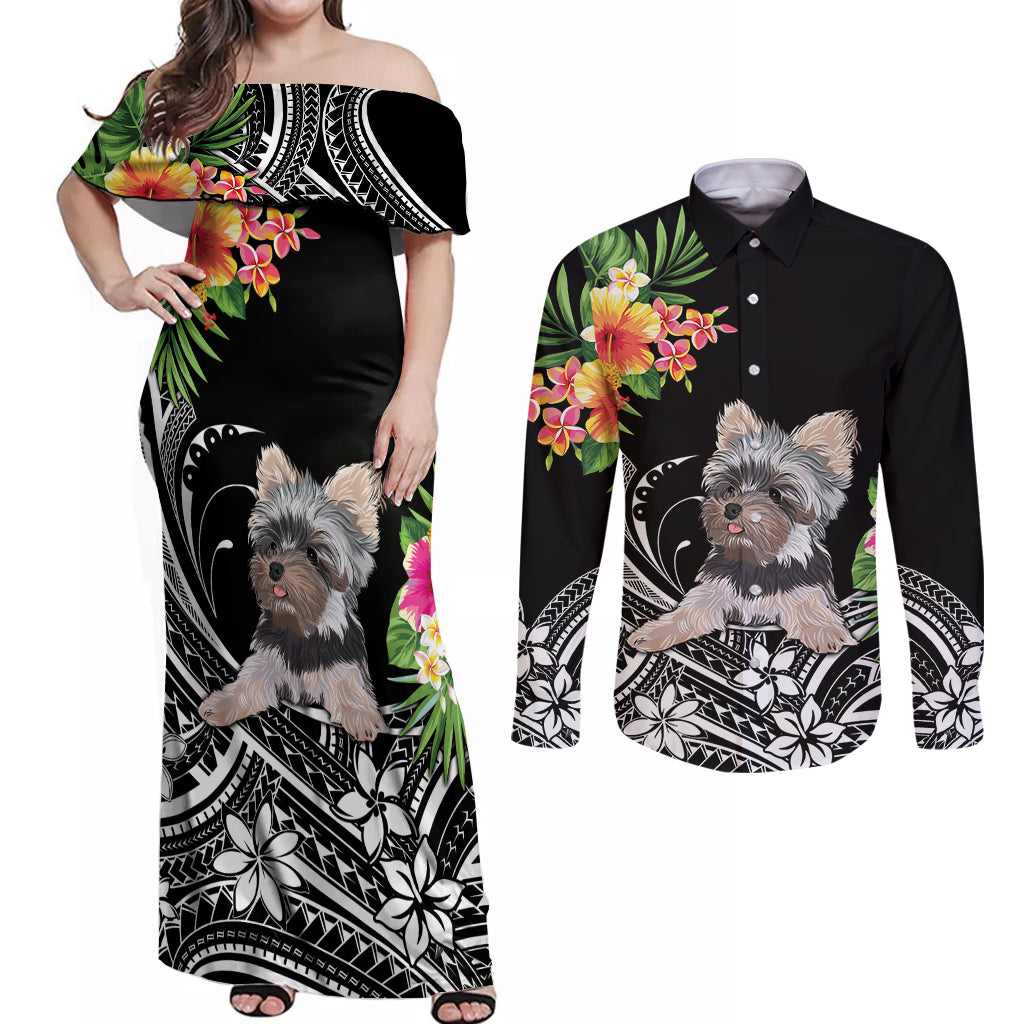 Personalised Polynesian Couples Matching Off Shoulder Maxi Dress and Long Sleeve Button Shirts With Yorkshire Terrier Floral Style LT7 Black - Polynesian Pride