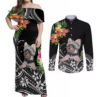 Personalised Polynesian Couples Matching Off Shoulder Maxi Dress and Long Sleeve Button Shirts With Yorkshire Terrier Floral Style LT7 Black - Polynesian Pride