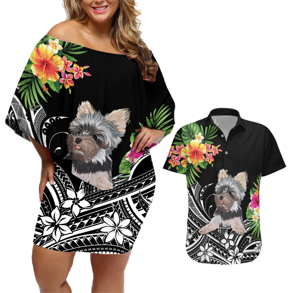 Personalised Polynesian Couples Matching Off Shoulder Short Dress and Hawaiian Shirt With Yorkshire Terrier Floral Style LT7 Black - Polynesian Pride