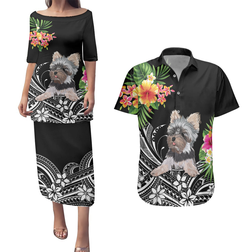 Personalised Polynesian Couples Matching Puletasi Dress and Hawaiian Shirt With Yorkshire Terrier Floral Style LT7 Black - Polynesian Pride