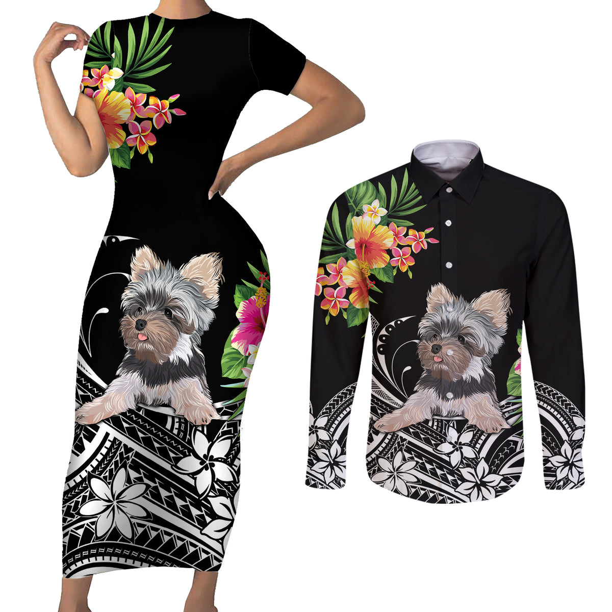 Personalised Polynesian Couples Matching Short Sleeve Bodycon Dress and Long Sleeve Button Shirts With Yorkshire Terrier Floral Style LT7 Black - Polynesian Pride