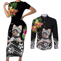 Personalised Polynesian Couples Matching Short Sleeve Bodycon Dress and Long Sleeve Button Shirts With Yorkshire Terrier Floral Style LT7 Black - Polynesian Pride
