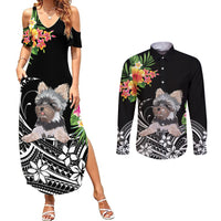 Personalised Polynesian Couples Matching Summer Maxi Dress and Long Sleeve Button Shirts With Yorkshire Terrier Floral Style LT7 Black - Polynesian Pride