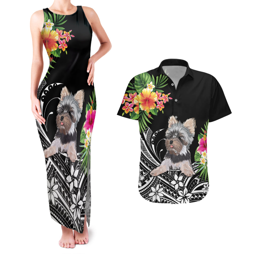 Personalised Polynesian Couples Matching Tank Maxi Dress And Hawaiian Shirt With Yorkshire Terrier Floral Style LT7 Black - Polynesian Pride
