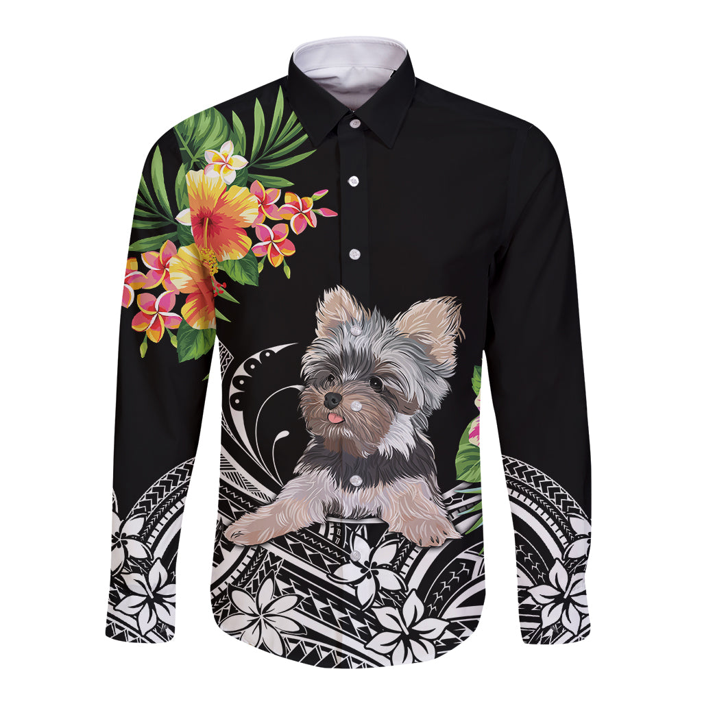 Personalised Polynesian Long Sleeve Button Shirt With Yorkshire Terrier Floral Style LT7 Unisex Black - Polynesian Pride