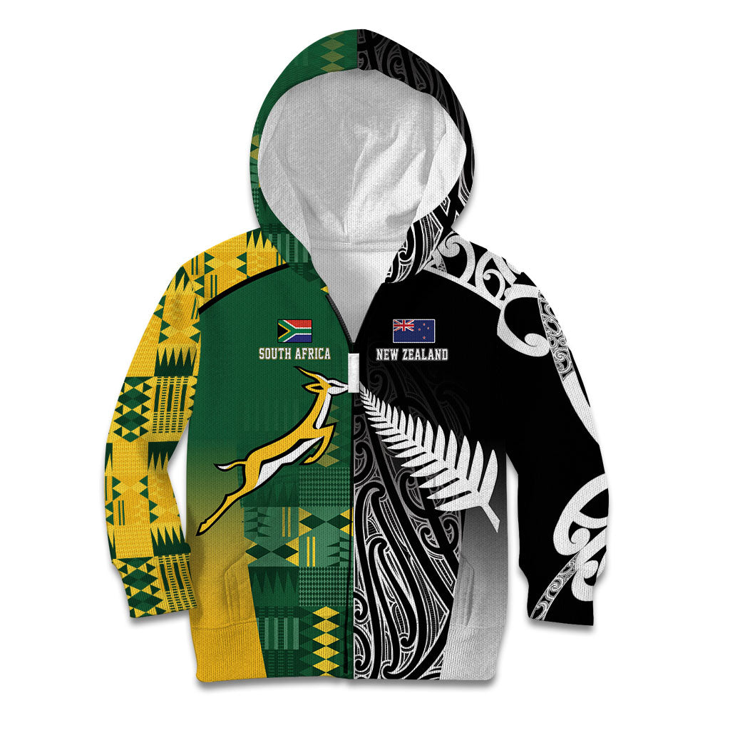 Custom Rugby South Africa New Zealand Greatest Rivals Kid Hoodie Tribal Motifs LT7 Zip Hoodie Multicolor - Polynesian Pride
