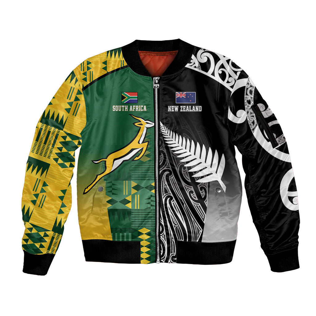 Custom Rugby South Africa New Zealand Greatest Rivals Sleeve Zip Bomber Jacket Tribal Motifs LT7 Unisex Multicolor - Polynesian Pride