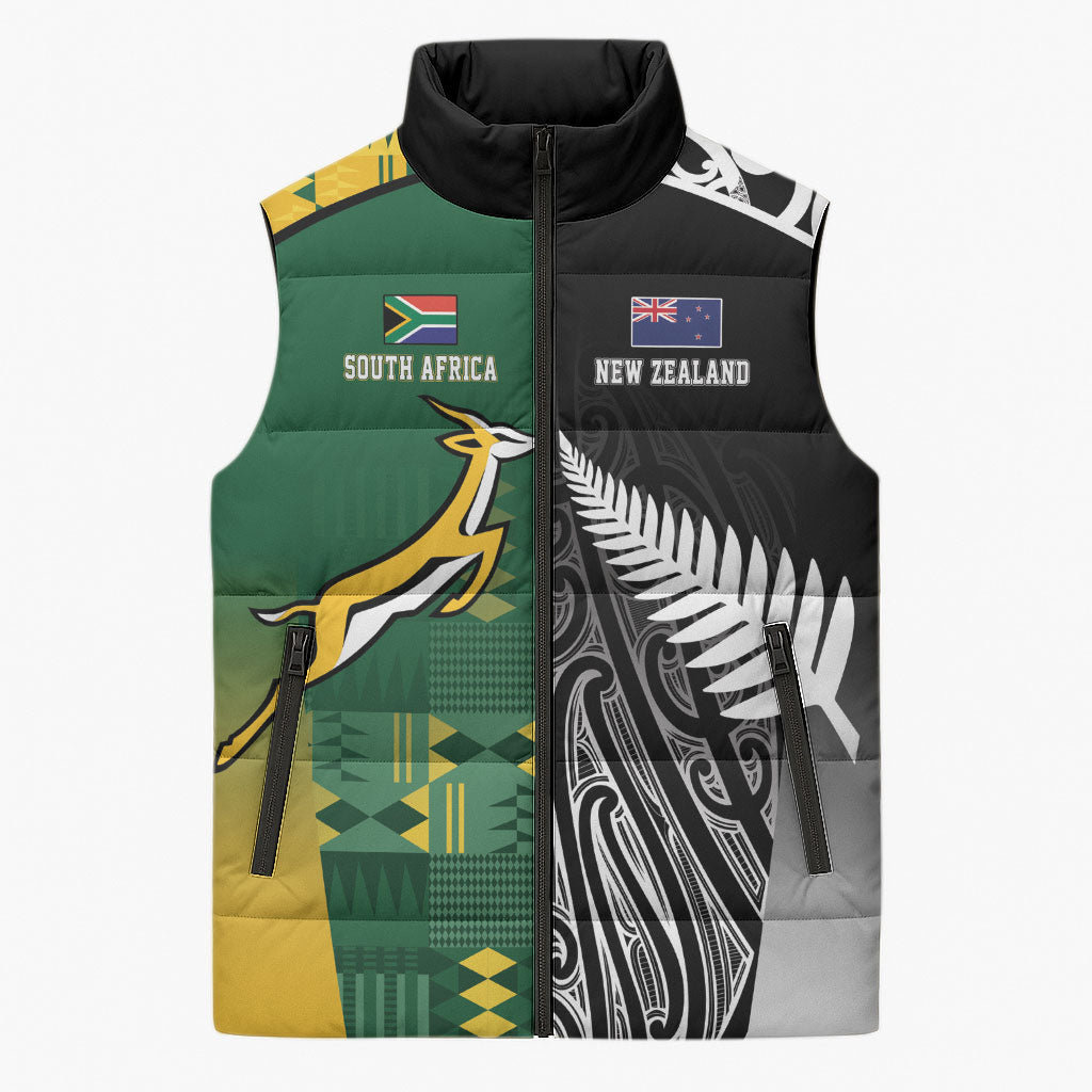 Custom Rugby South Africa New Zealand Greatest Rivals Sleeveless Puffer Jacket Tribal Motifs LT7 Unisex Multicolor - Polynesian Pride