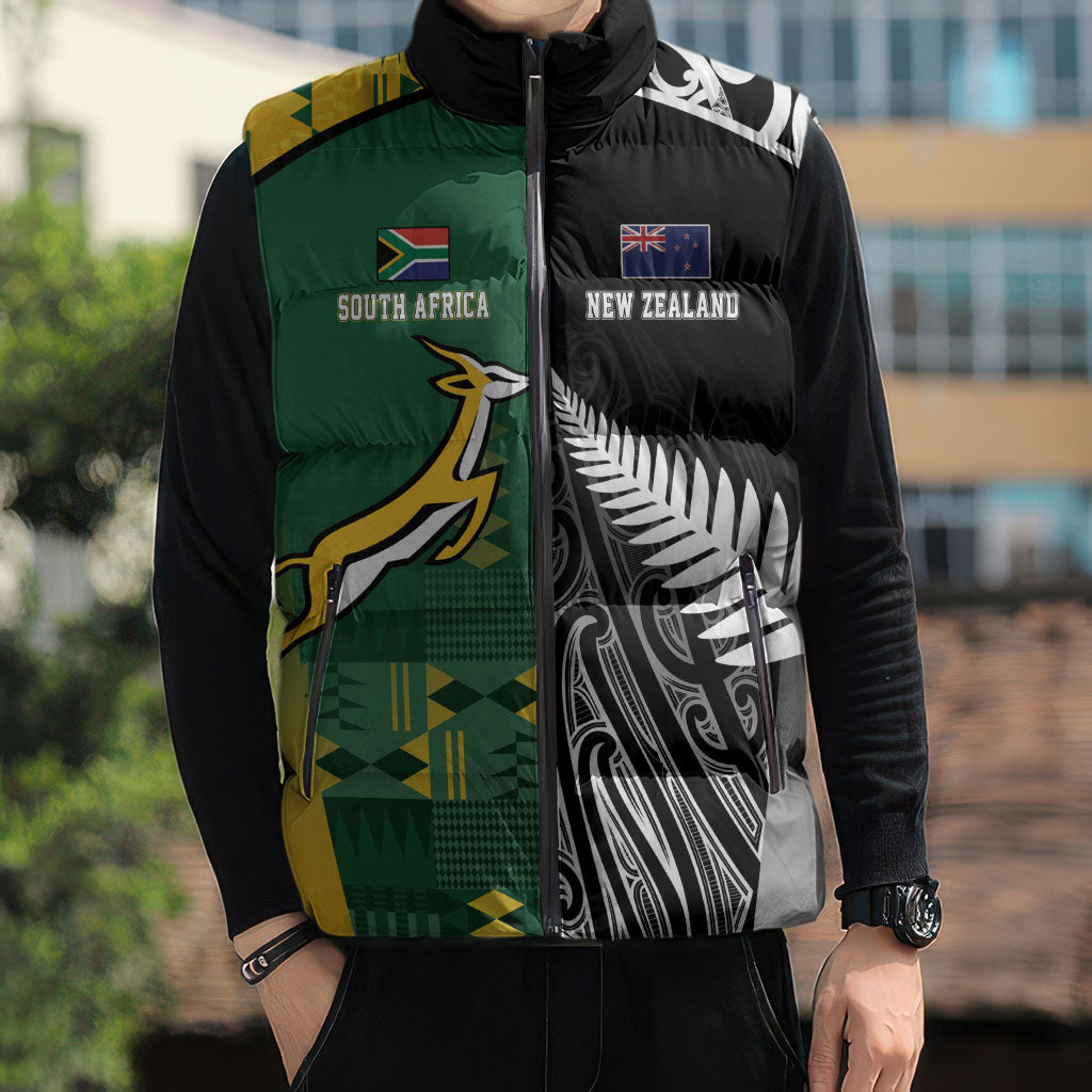 Custom Rugby South Africa New Zealand Greatest Rivals Sleeveless Puffer Jacket Tribal Motifs LT7 - Polynesian Pride