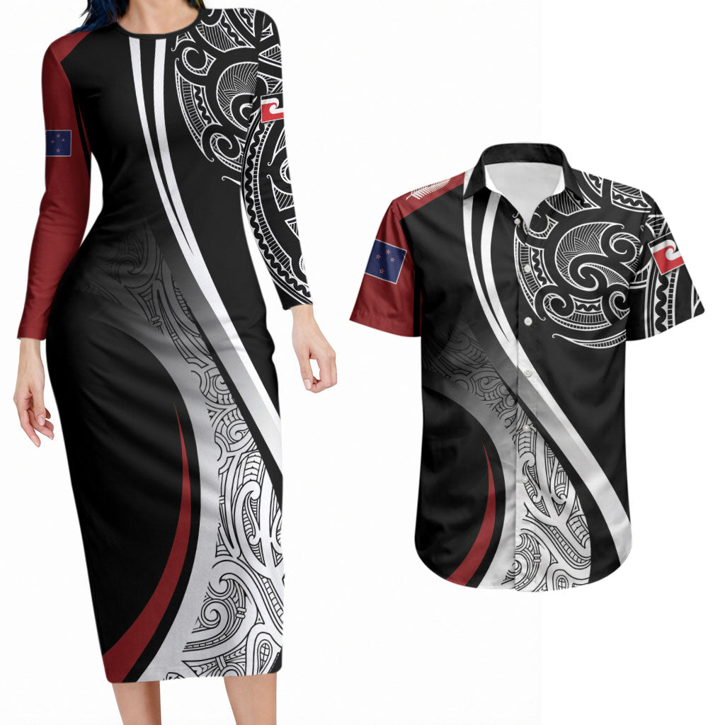 Aotearoa Maori Rugby Custom Couples Matching Long Sleeve Bodycon Dress and Hawaiian Shirt Kapa O Pango LT7 Black - Polynesian Pride