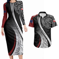 Aotearoa Maori Rugby Custom Couples Matching Long Sleeve Bodycon Dress and Hawaiian Shirt Kapa O Pango LT7 Black - Polynesian Pride