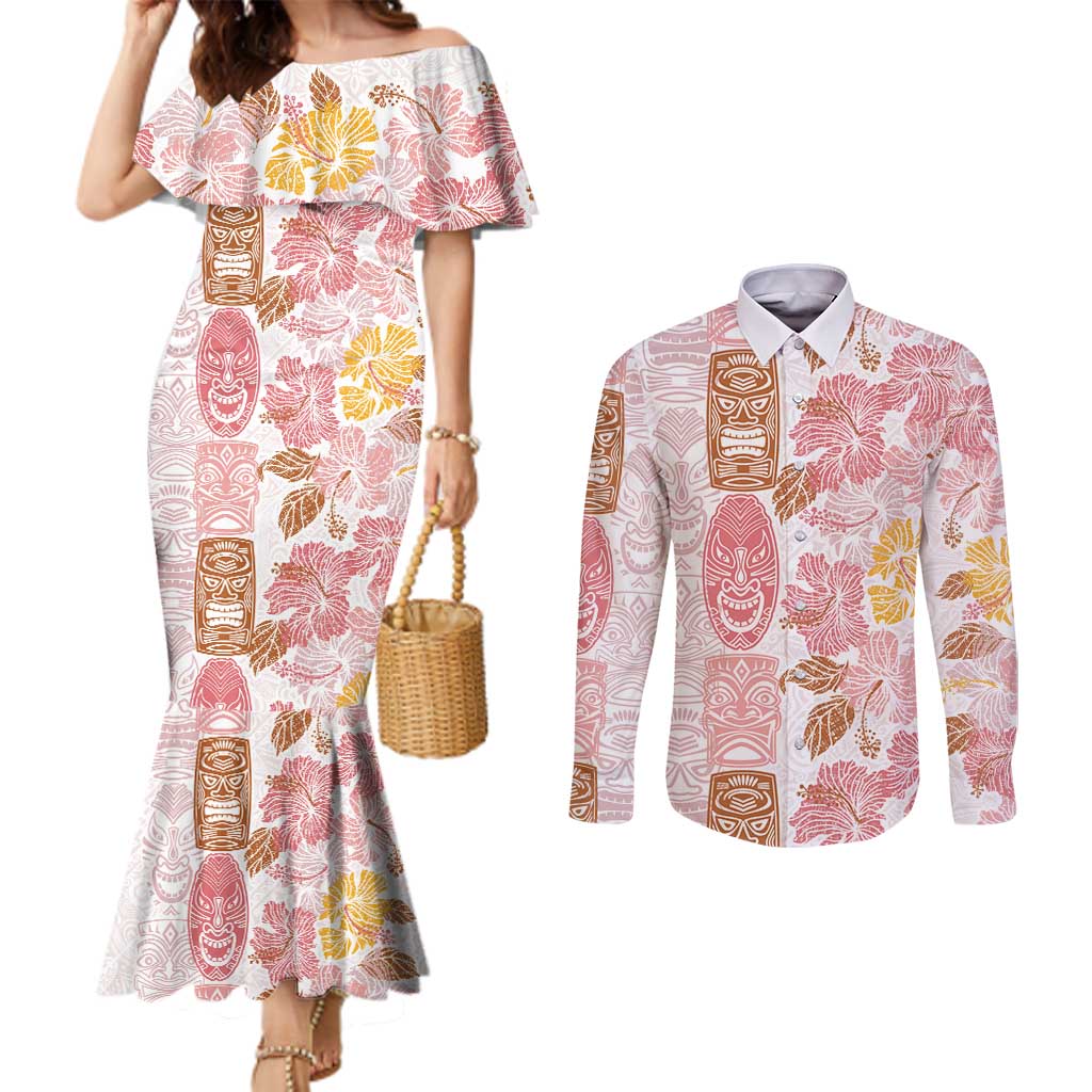 Christmas Aloha Hawaii Tiki Couples Matching Mermaid Dress and Long Sleeve Button Shirt Hibiscus Spring Colors - Polynesian Pride