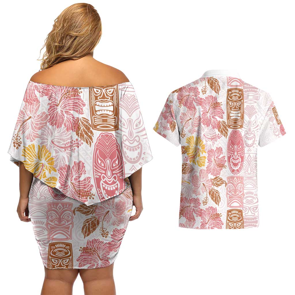 Christmas Aloha Hawaii Tiki Couples Matching Off Shoulder Short Dress and Hawaiian Shirt Hibiscus Spring Colors - Polynesian Pride