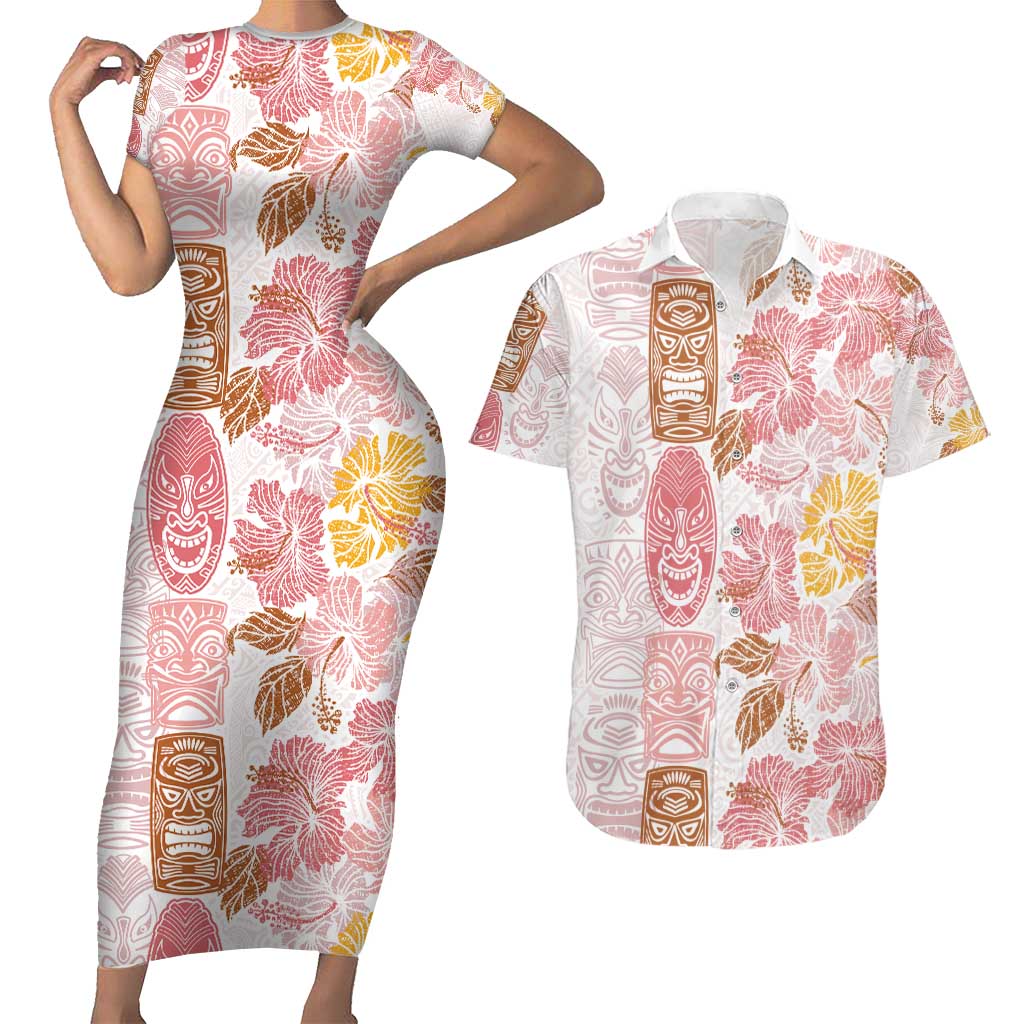 Christmas Aloha Hawaii Tiki Couples Matching Short Sleeve Bodycon Dress and Hawaiian Shirt Hibiscus Spring Colors - Polynesian Pride