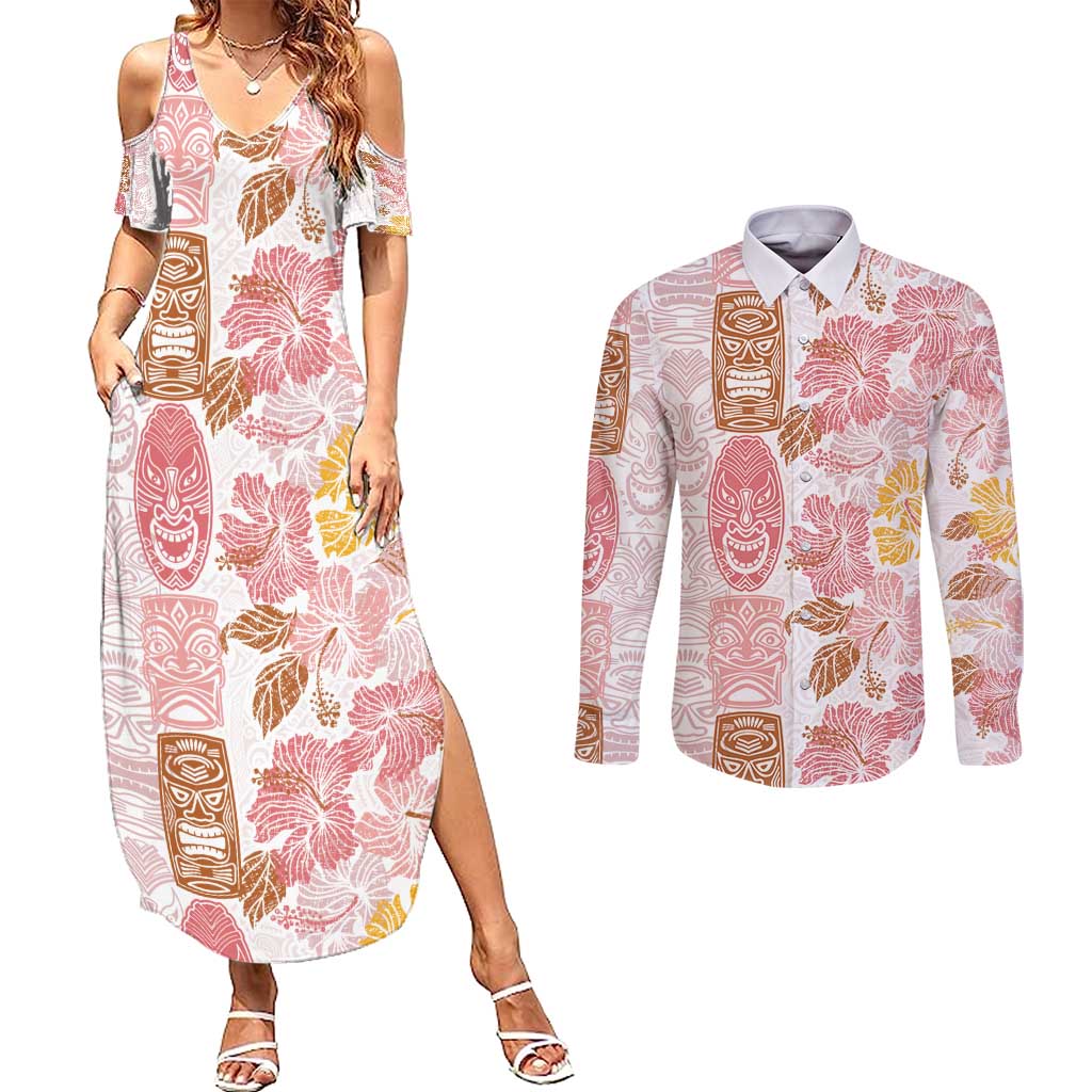 Christmas Aloha Hawaii Tiki Couples Matching Summer Maxi Dress and Long Sleeve Button Shirt Hibiscus Spring Colors - Polynesian Pride