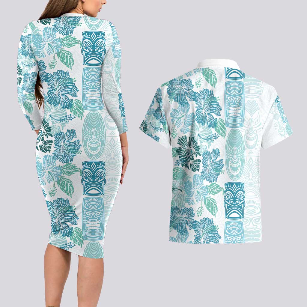 Christmas Aloha Hawaii Tiki Couples Matching Long Sleeve Bodycon Dress and Hawaiian Shirt Hibiscus Summer Colors - Polynesian Pride