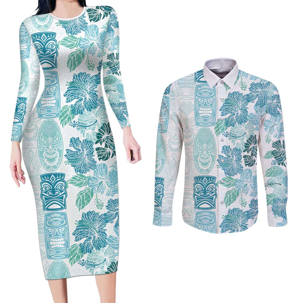 Christmas Aloha Hawaii Tiki Couples Matching Long Sleeve Bodycon Dress and Long Sleeve Button Shirt Hibiscus Summer Colors - Polynesian Pride