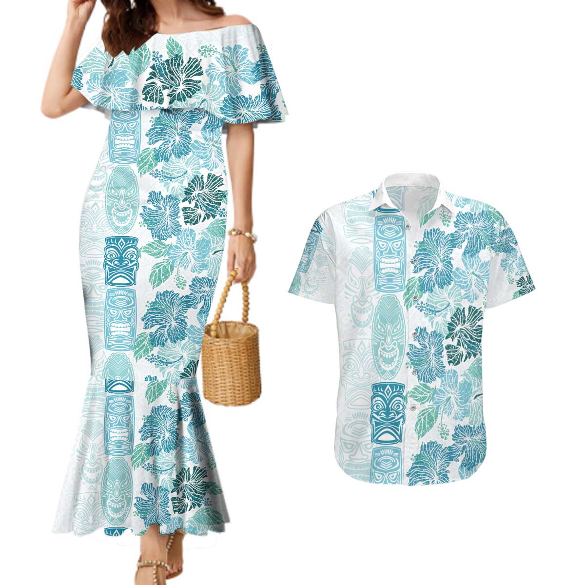 Christmas Aloha Hawaii Tiki Couples Matching Mermaid Dress and Hawaiian Shirt Hibiscus Summer Colors - Polynesian Pride