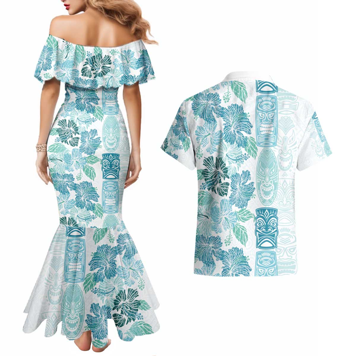 Christmas Aloha Hawaii Tiki Couples Matching Mermaid Dress and Hawaiian Shirt Hibiscus Summer Colors - Polynesian Pride