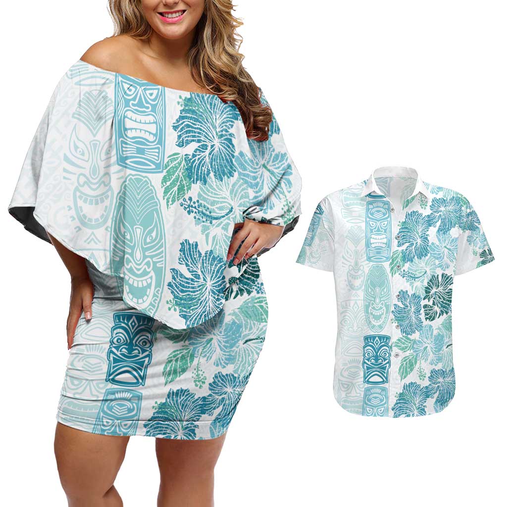 Christmas Aloha Hawaii Tiki Couples Matching Off Shoulder Short Dress and Hawaiian Shirt Hibiscus Summer Colors - Polynesian Pride