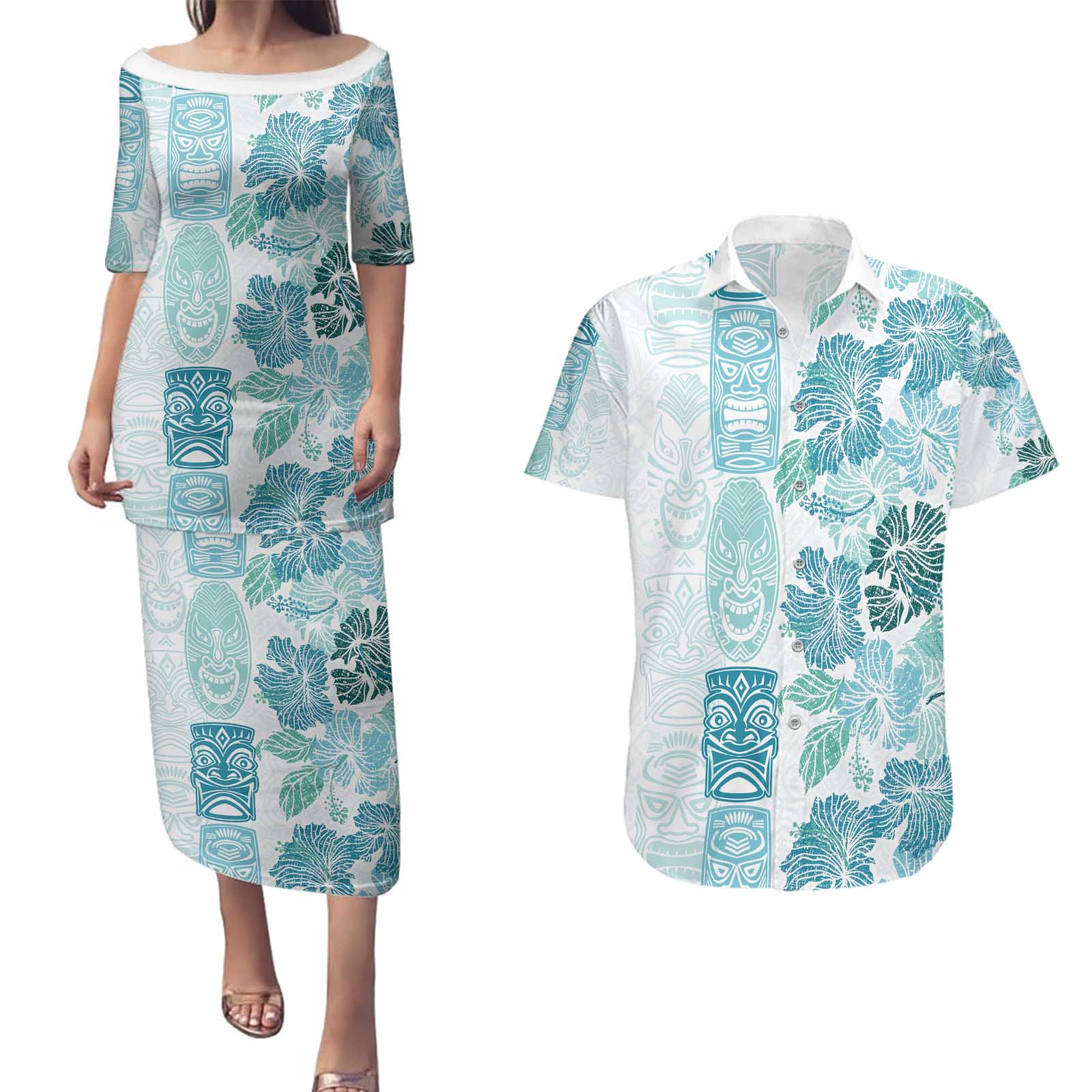 Christmas Aloha Hawaii Tiki Couples Matching Puletasi and Hawaiian Shirt Hibiscus Summer Colors - Polynesian Pride