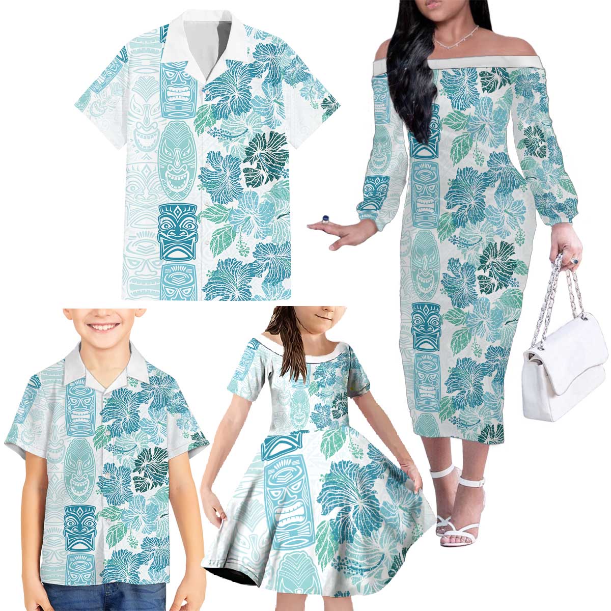 Christmas Aloha Hawaii Tiki Family Matching Off The Shoulder Long Sleeve Dress and Hawaiian Shirt Hibiscus Summer Colors - Polynesian Pride