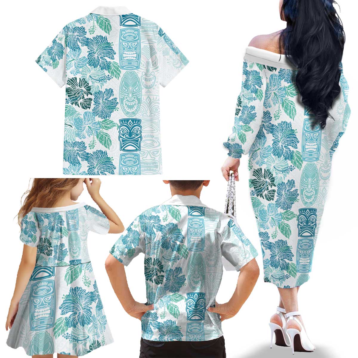 Christmas Aloha Hawaii Tiki Family Matching Off The Shoulder Long Sleeve Dress and Hawaiian Shirt Hibiscus Summer Colors - Polynesian Pride