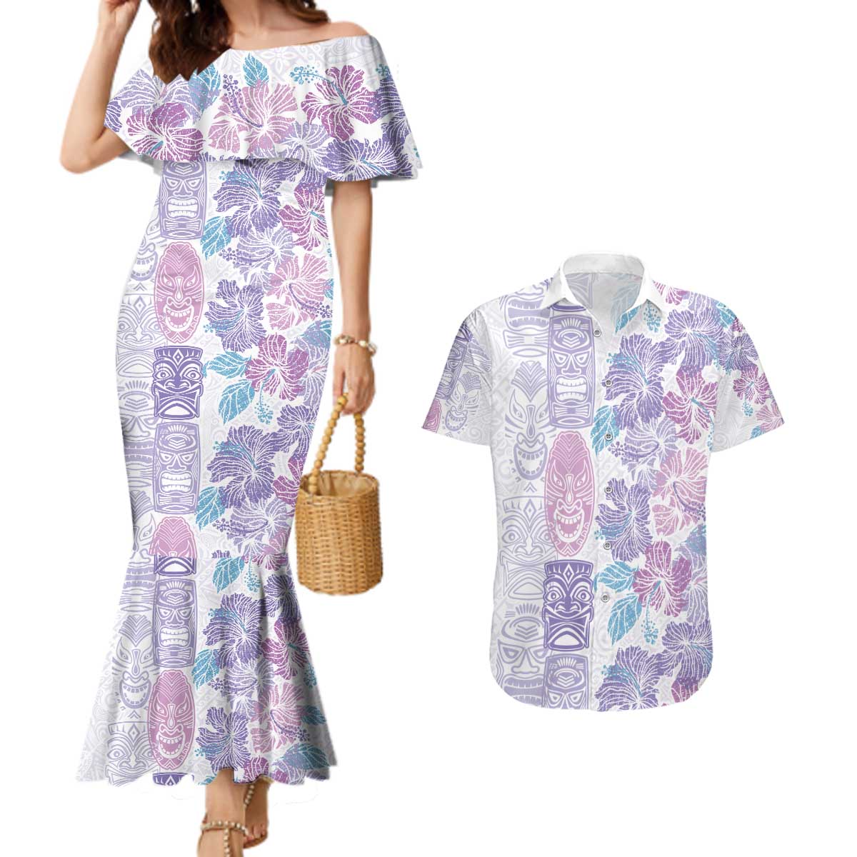 Christmas Aloha Hawaii Tiki Couples Matching Mermaid Dress and Hawaiian Shirt Hibiscus Winter Colors - Polynesian Pride