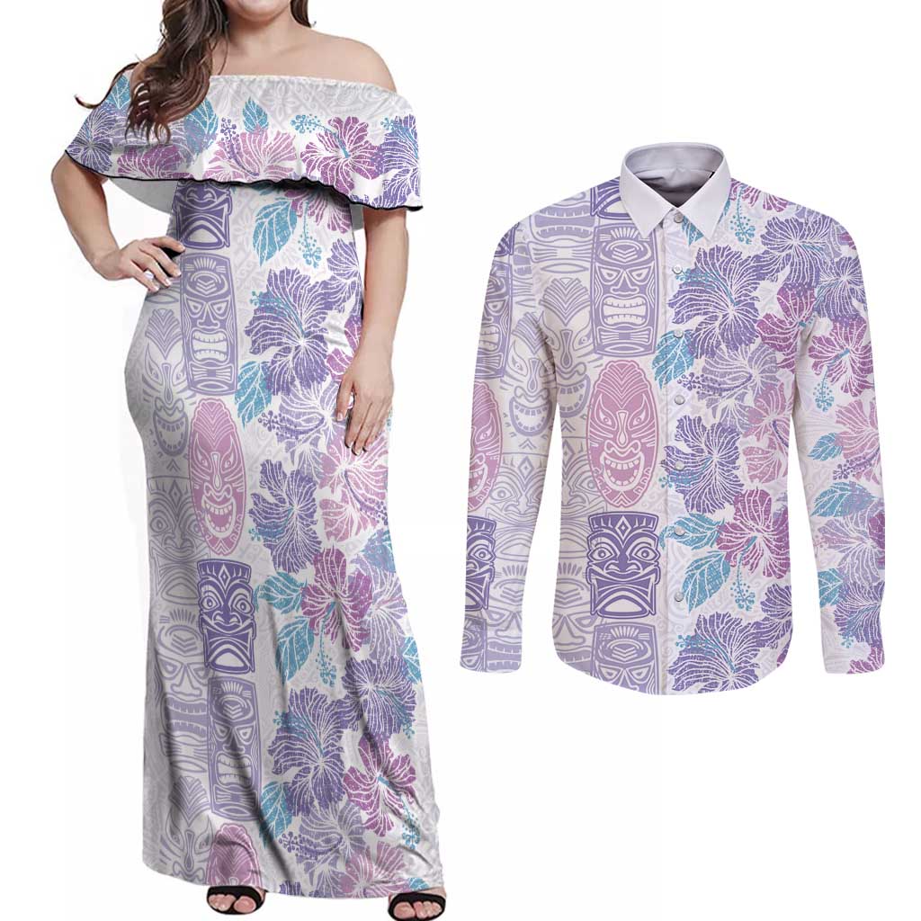 Christmas Aloha Hawaii Tiki Couples Matching Off Shoulder Maxi Dress and Long Sleeve Button Shirt Hibiscus Winter Colors - Polynesian Pride