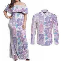 Christmas Aloha Hawaii Tiki Couples Matching Off Shoulder Maxi Dress and Long Sleeve Button Shirt Hibiscus Winter Colors - Polynesian Pride