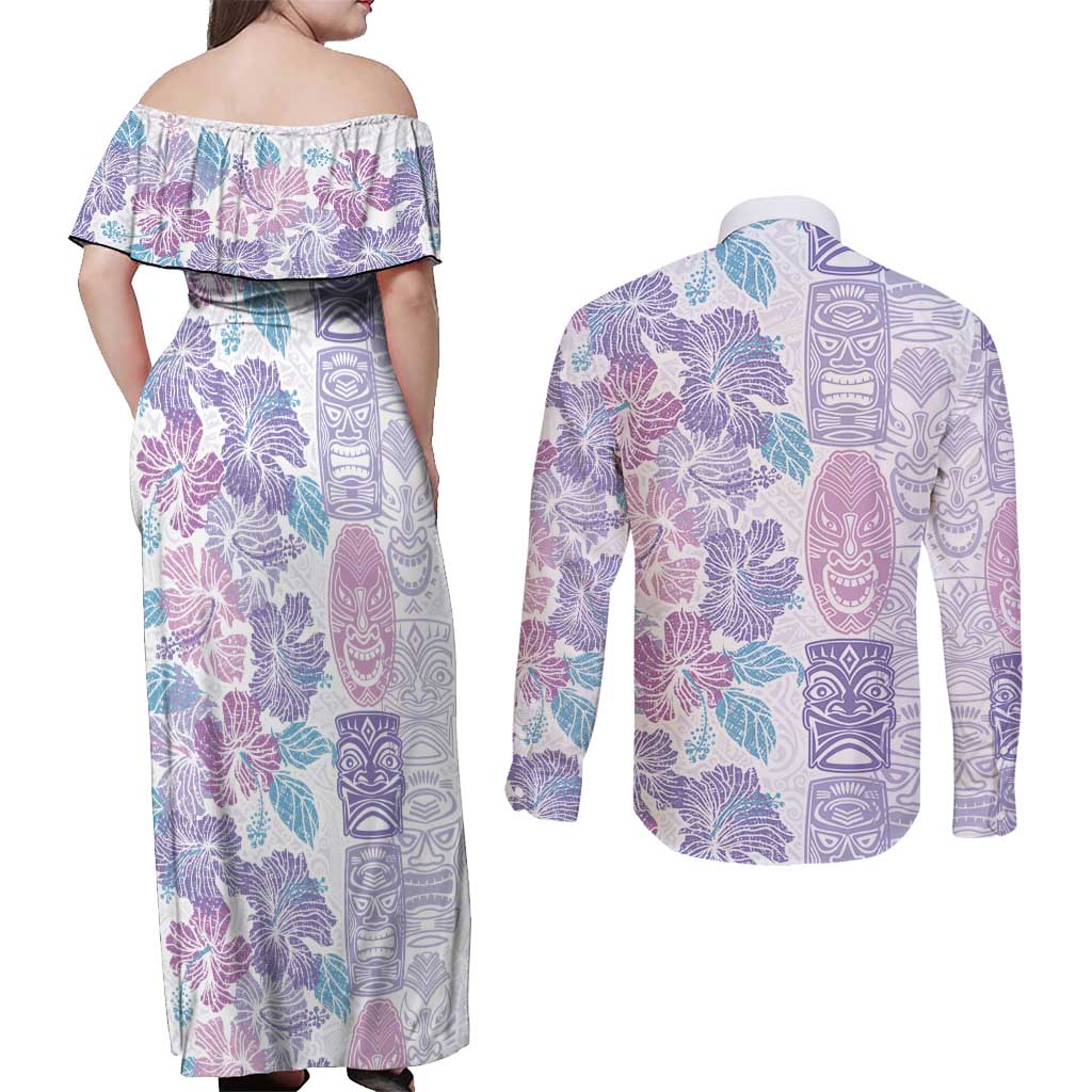 Christmas Aloha Hawaii Tiki Couples Matching Off Shoulder Maxi Dress and Long Sleeve Button Shirt Hibiscus Winter Colors - Polynesian Pride