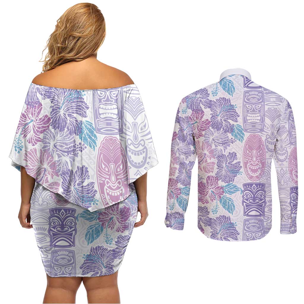 Christmas Aloha Hawaii Tiki Couples Matching Off Shoulder Short Dress and Long Sleeve Button Shirt Hibiscus Winter Colors - Polynesian Pride