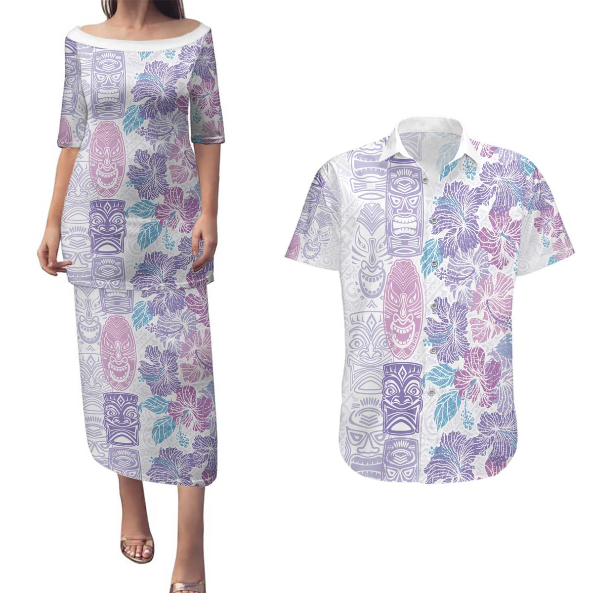 Christmas Aloha Hawaii Tiki Couples Matching Puletasi and Hawaiian Shirt Hibiscus Winter Colors - Polynesian Pride