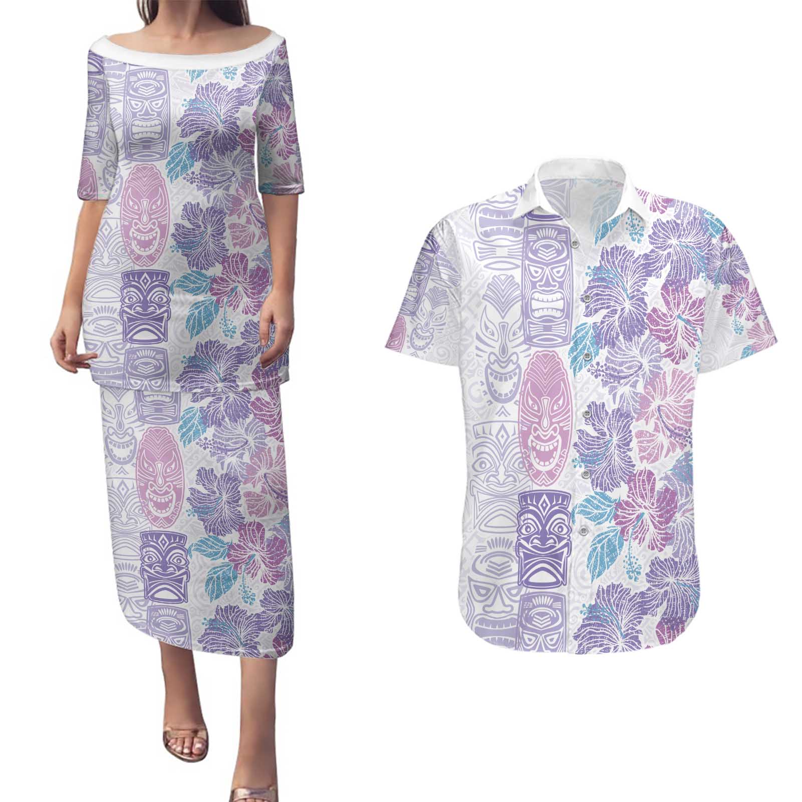 Christmas Aloha Hawaii Tiki Couples Matching Puletasi and Hawaiian Shirt Hibiscus Winter Colors - Polynesian Pride