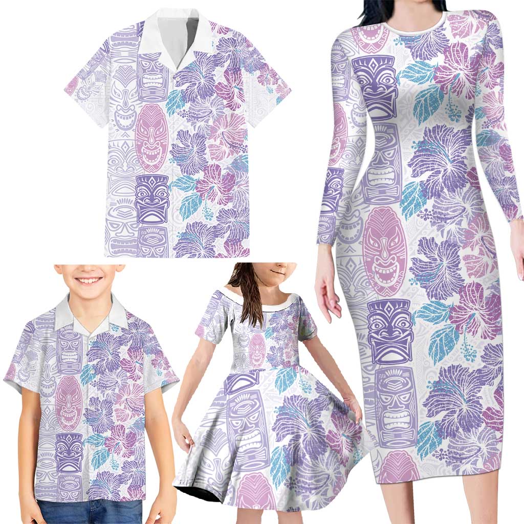 Christmas Aloha Hawaii Tiki Family Matching Long Sleeve Bodycon Dress and Hawaiian Shirt Hibiscus Winter Colors - Polynesian Pride