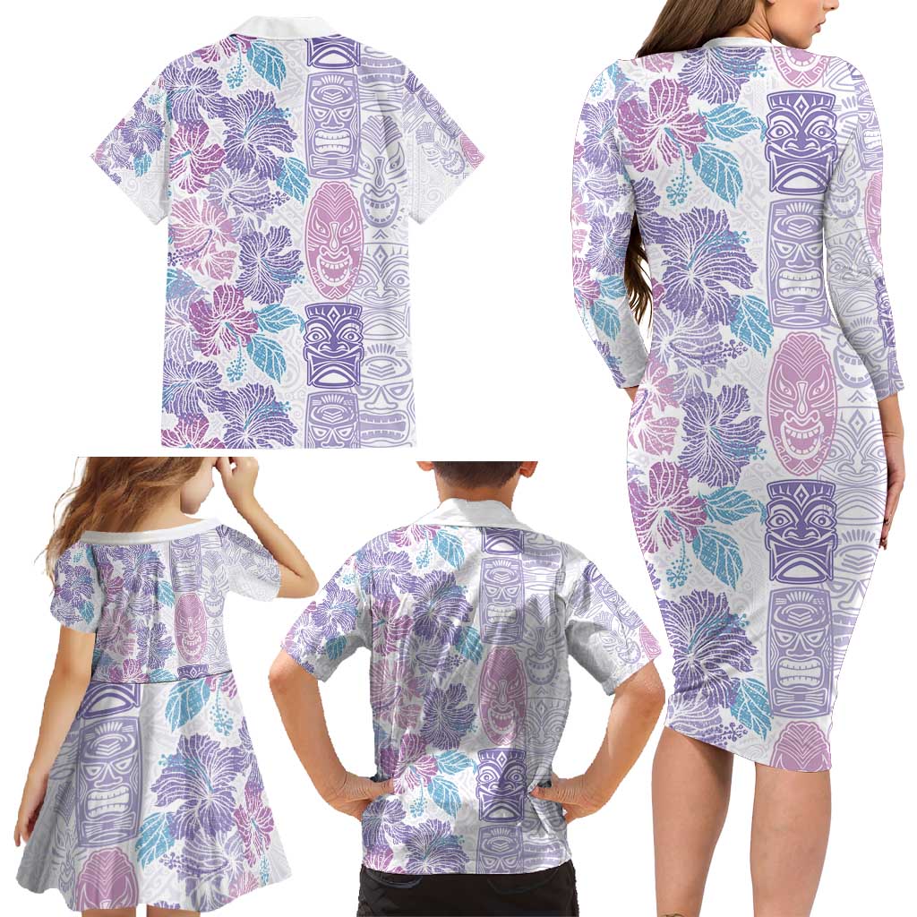Christmas Aloha Hawaii Tiki Family Matching Long Sleeve Bodycon Dress and Hawaiian Shirt Hibiscus Winter Colors - Polynesian Pride