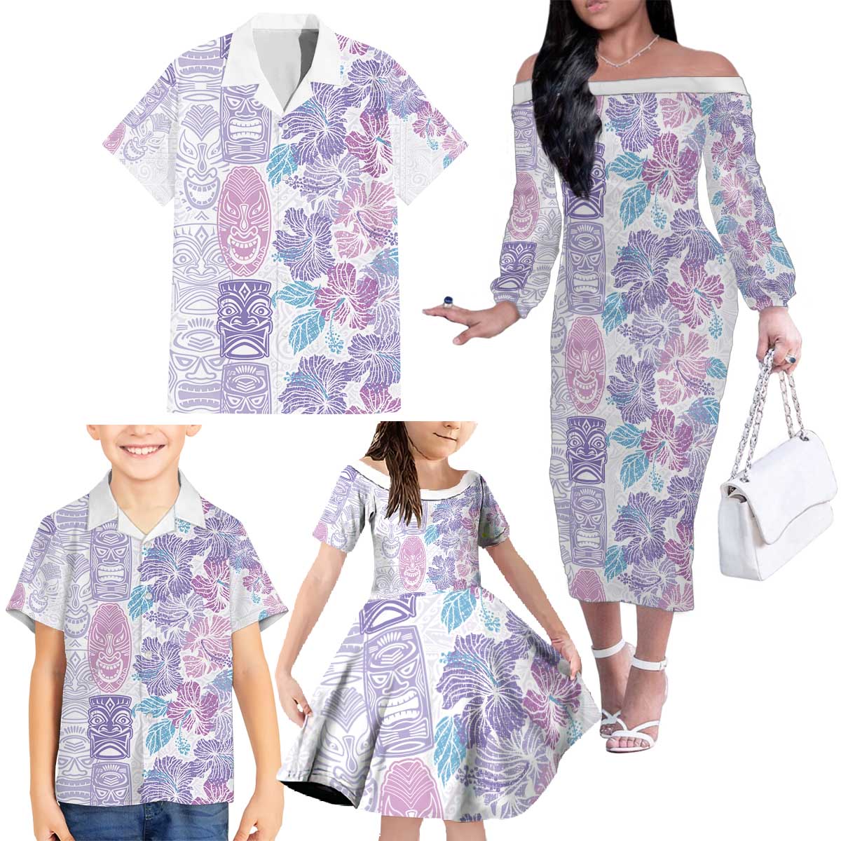 Christmas Aloha Hawaii Tiki Family Matching Off The Shoulder Long Sleeve Dress and Hawaiian Shirt Hibiscus Winter Colors - Polynesian Pride