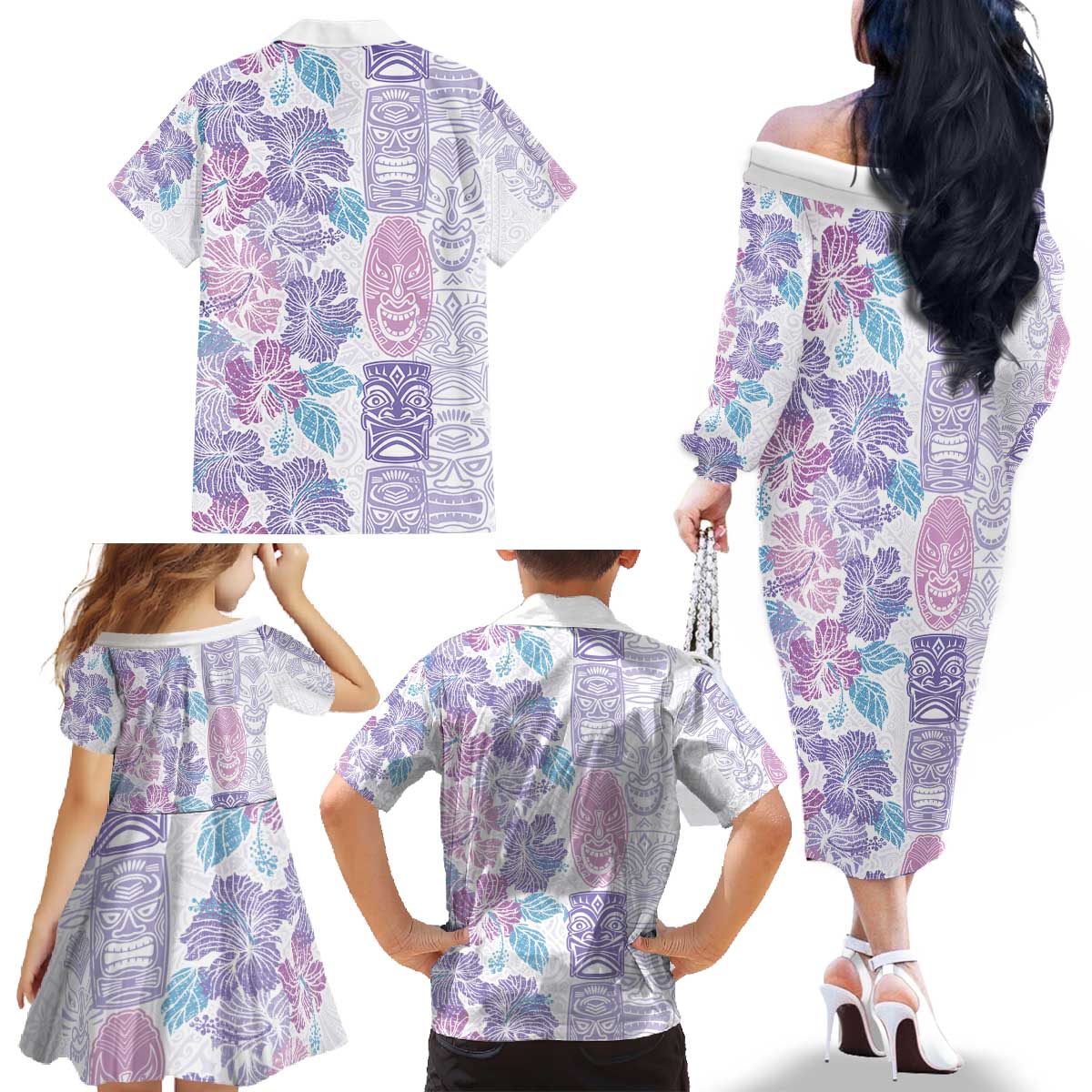 Christmas Aloha Hawaii Tiki Family Matching Off The Shoulder Long Sleeve Dress and Hawaiian Shirt Hibiscus Winter Colors - Polynesian Pride