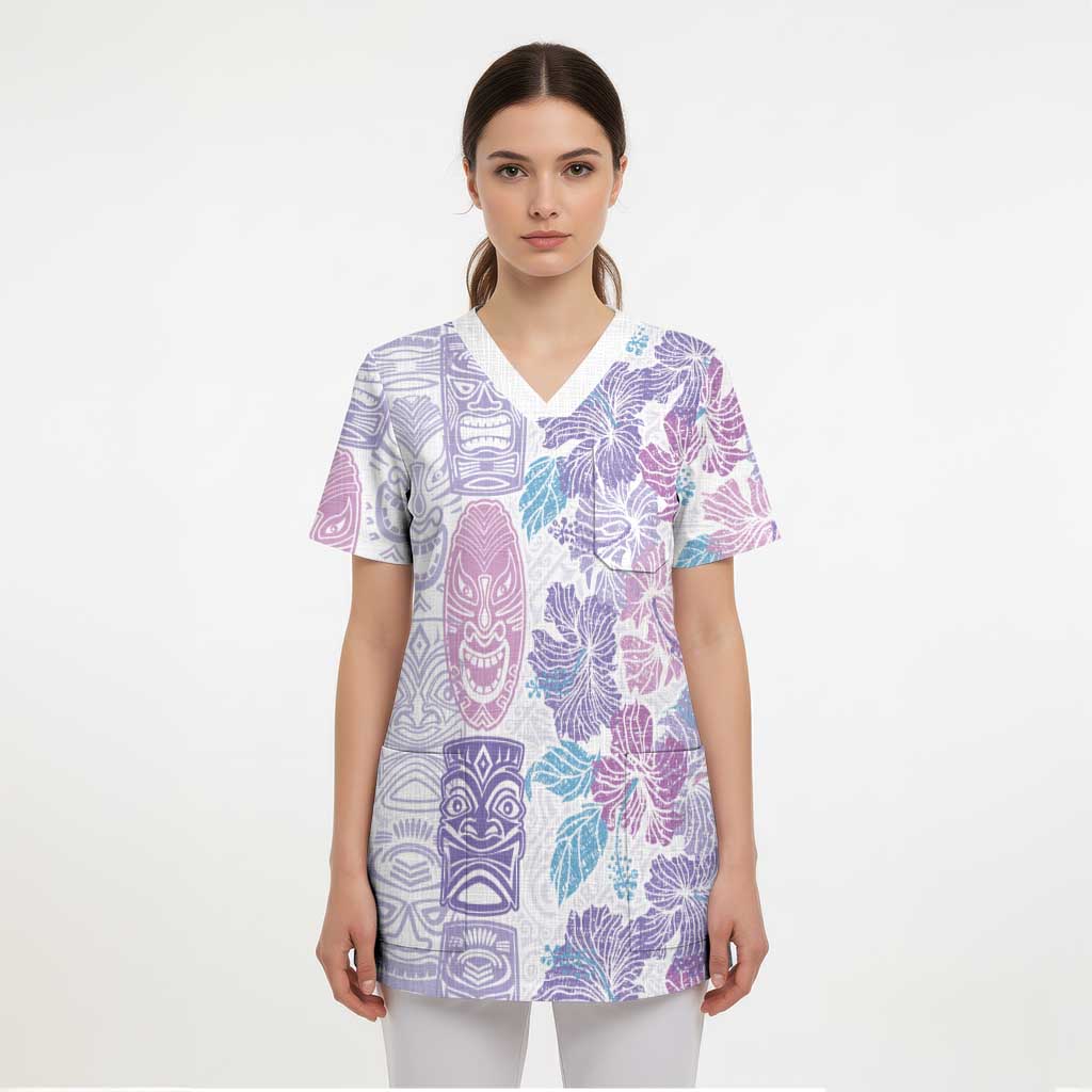 Christmas Aloha Hawaii Tiki Scrub Top Hibiscus Winter Colors - Polynesian Pride