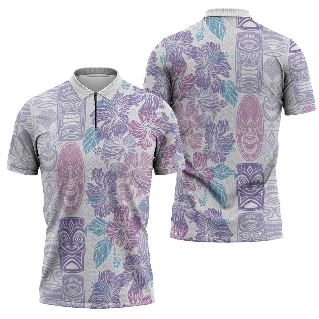 Christmas Aloha Hawaii Tiki Zipper Polo Shirt Hibiscus Winter Colors - Polynesian Pride