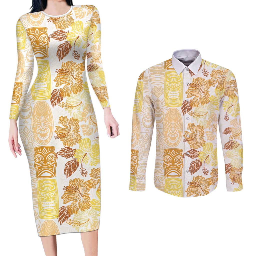 Christmas Aloha Hawaii Tiki Couples Matching Long Sleeve Bodycon Dress and Long Sleeve Button Shirt Hibiscus Autumn Colors - Polynesian Pride