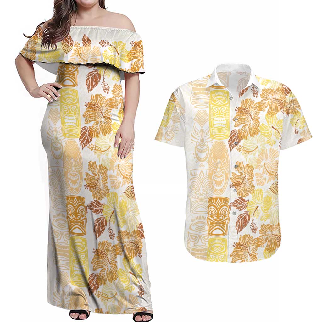 Christmas Aloha Hawaii Tiki Couples Matching Off Shoulder Maxi Dress and Hawaiian Shirt Hibiscus Autumn Colors - Polynesian Pride