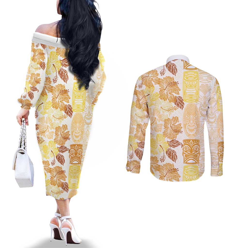 Christmas Aloha Hawaii Tiki Couples Matching Off The Shoulder Long Sleeve Dress and Long Sleeve Button Shirt Hibiscus Autumn Colors - Polynesian Pride